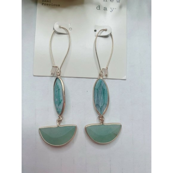 A New Day Semi-Precious Stone Aventurine Malachite Glass Drop Earrings Green NEW - Picture 2 of 4